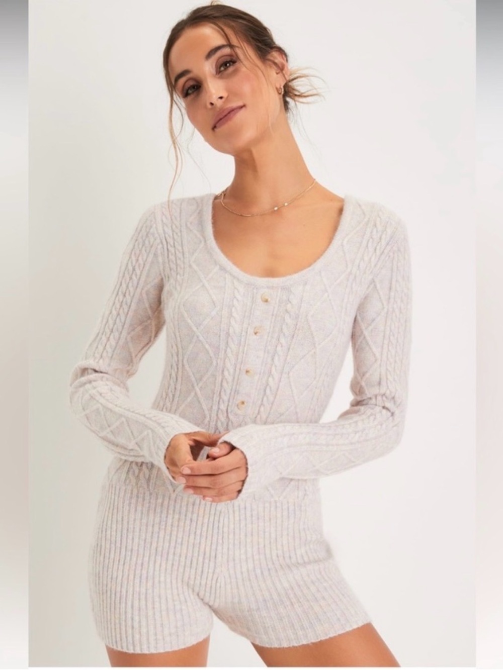 Cuddly Sentiments Blush Multi Marled Cable Knit Romper size XS - Picture 2 of 4